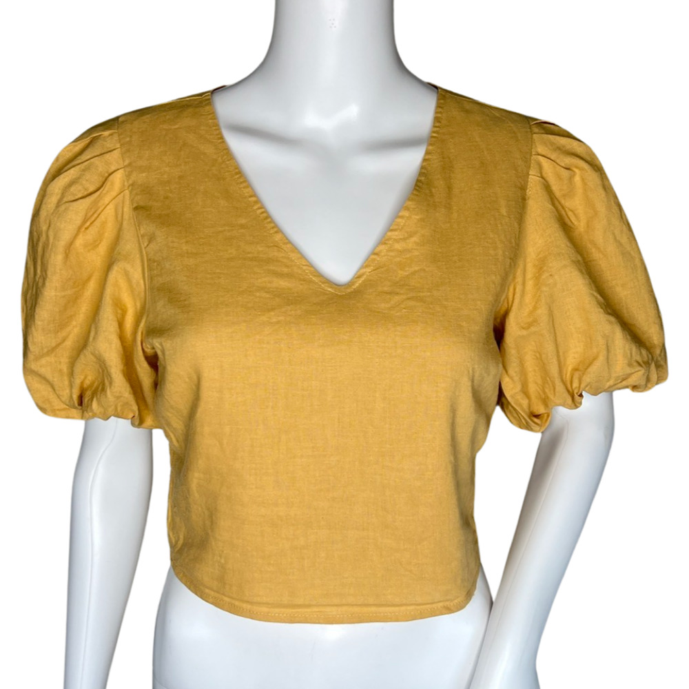 Promesa Shirt Womens Small Yellow Puff Sleeve Lace Crop Top Linen Blend Casual